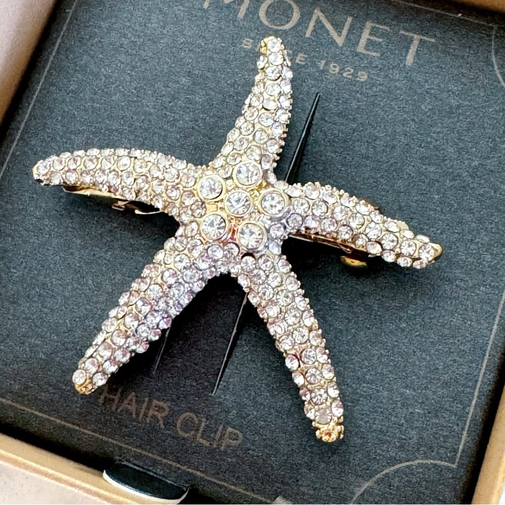 New In Box Monet Gold Tone Metal Textured Starfish Hair Clip